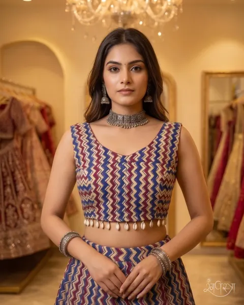 Multi-Color Chevron Print Blouse with Deep V-Neck, Deep U-shaped Open Back & Cowrie Shells | Festive | Navratri Party Wear