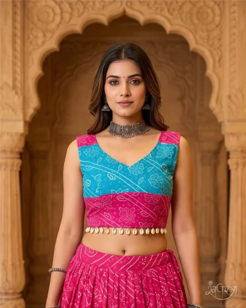 Turquoise Blue & Magenta Pink Bandhani Print Blouse with Open Back, Broad Shoulder Straps & Cowrie Shell Hem | Festive | Navratri & Party Wear