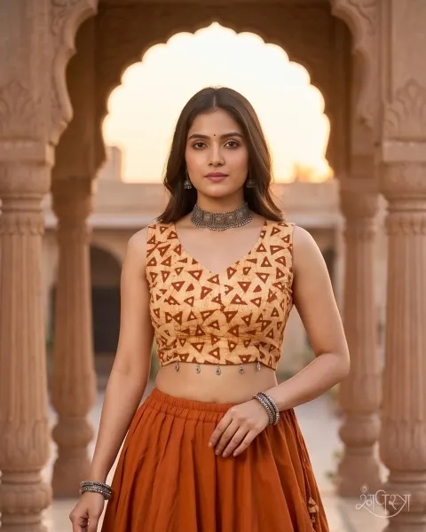 Light Beige Geometric Triangle Print Sleeveless Open Back Blouse with V-Neck, Tie String Lacing & Metallic Bead Accents | Contemporary | Festive Wear