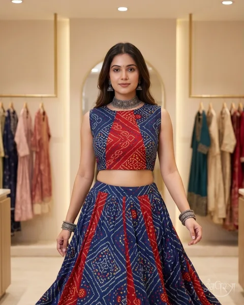 Deep Blue Bandhani Sleeveless Blouse with Criss-Cross Tie Lacing & Cowrie Shells | Gujarati Style | Navratri & Festive Wear