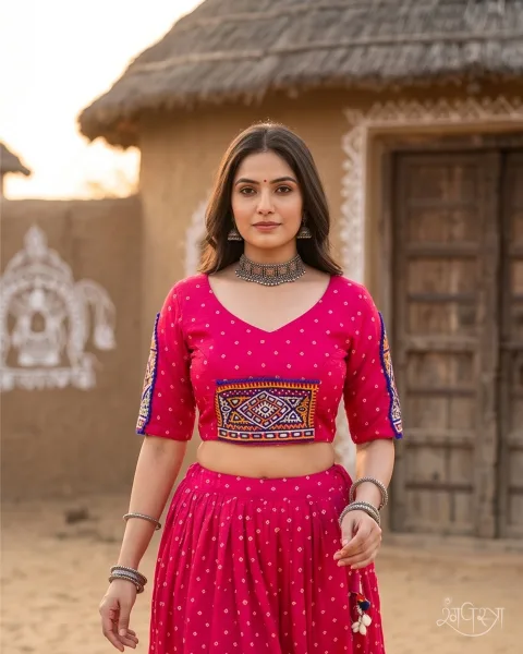 Deep Pink Bandhani Blouse with Kutchi Hand Embroidery & Shisha Work | Open Back Festive Wear | Navratri & Party