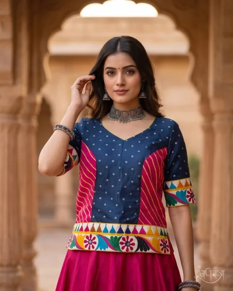Deep Blue Bandhani Print Blouse with Magenta Zari Stripes & Kutchi Mirror Work | Open Back V-Neck | Festive & Navratri Wear