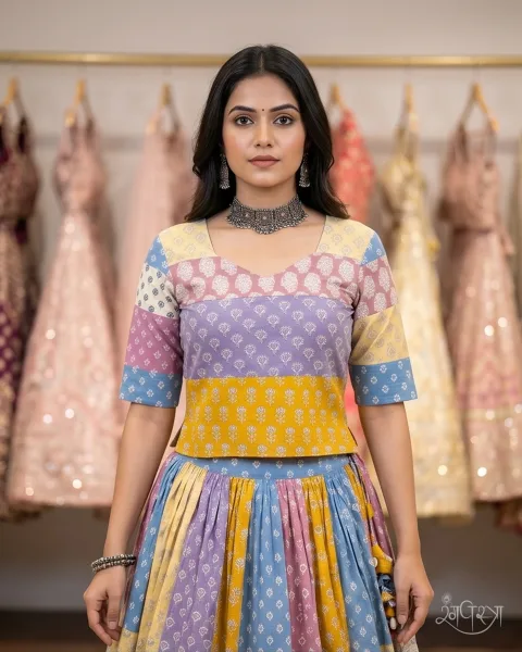 Multi-color Patchwork Printed Cotton Open Back Blouse with Sweetheart Neck & Cowrie Shell Ties | Contemporary Festive | Navratri & Party Wear