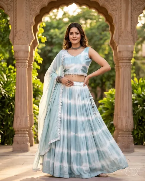 Duck Egg Blue and White Bandhani-style Tie-Dye 3-Piece Lehenga Set with Sequined V-Neck Blouse & Scalloped Waist Detail | Indie Fusion | Festive Wear
