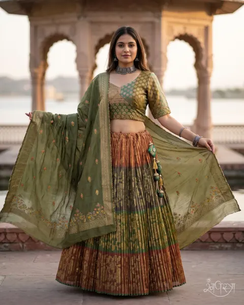 Olive Green Banarasi Floral Woven 3-Piece Lehenga Set with Open Back Blouse & Pleated Skirt | Ethnic Wear | Festive Ready