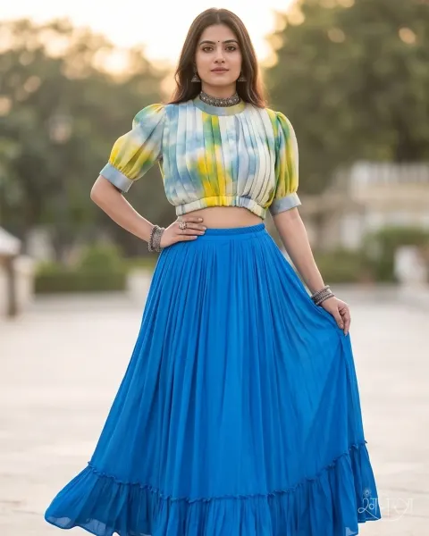 Blue Tie-Dye Pleated 2-Piece Lehenga Set with Cuffed Short Sleeves & Gathered Ruffle Hem | Fusion Ethnic | Day Festive