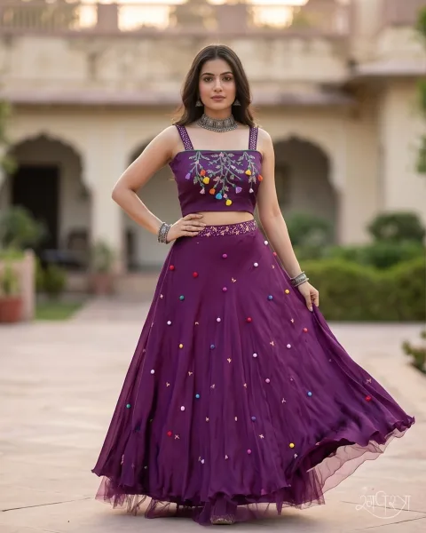 Plum Floral Thread Hand Embroidered 2-Piece Lehenga Set with Tassel Accents & Sequin Waistband | Ethnic Glamour | Festive Wear