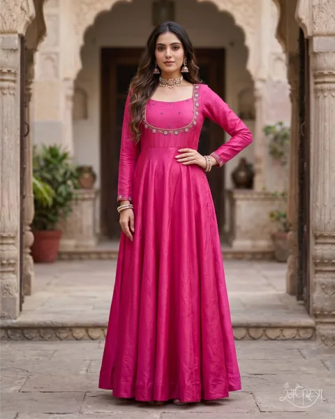 Fuchsia Pink Floral Thread Hand Embroidered 1-Piece Anarkali Gown with Full Sleeves & Keyhole Back Cut-out | Evening Wear | Wedding Guest