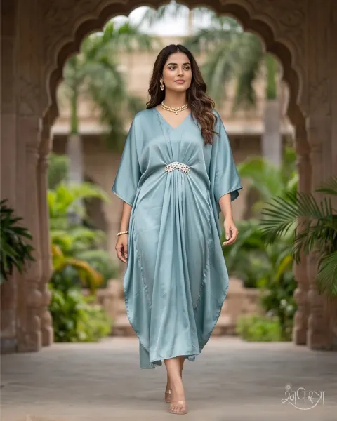 Teal Blue Stone Embellished 1-Piece Kaftan Gown with Gathered Front, V-Neckline & Kaftan Sleeves | Relaxed Fit | Resort Wear