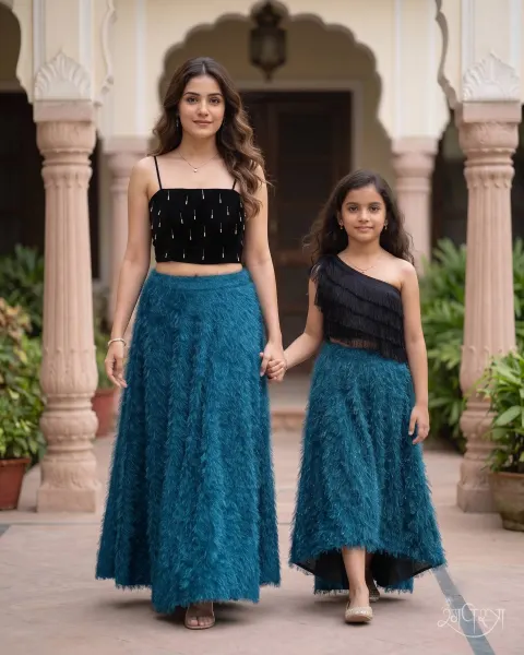 Mother Daughter Lehenga Set with Sweetheart Neckline Blouse & Textured Flared Skirt | Contemporary Chic | Party Wear