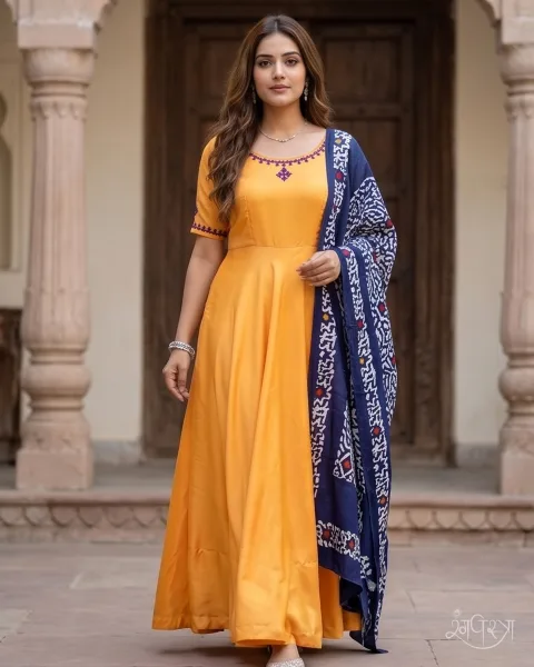 Golden Yellow Thread Embroidered 1-Piece Anarkali Gown with Boat Neck & Batik Print Dupatta | Ethnic Wear | Festive