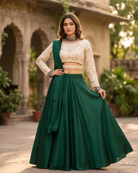 Off-white Lucknowi full-sleeve blouse 3-Piece Lehenga Set with Emerald Green Flared Skirt, Full Sleeves & Matching Dupatta | Festive | Traditional