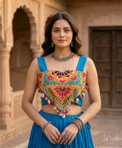 Sky Blue & Mustard Yellow Kutchi Embroidered Blouse with Mirror Work, Broad Straps & Cowrie Shells | Festive Wear | Navratri Special