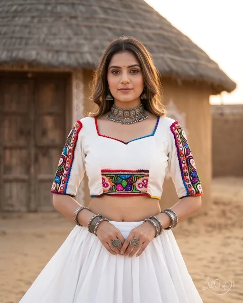 Cream Kutchi Embroidered Blouse with Mirror Work & Pom-Pom Accents | Sweetheart Neck Open Back | Festive Wear