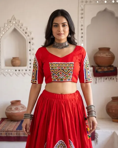Red Kutchi Hand Embroidered Blouse with Sweetheart Neck, Open U-Back & Cowrie Shell Ties | Festive Wear | Navratri & Party Blouse
