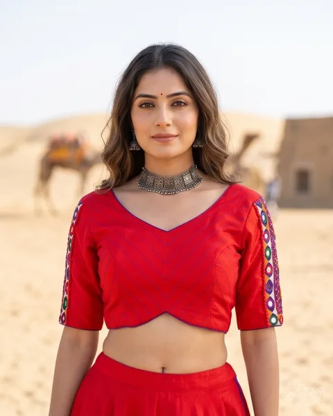 Red Kutchi Hand Embroidered V-Neck Blouse with Deep Open Back, Mirror Work Sleeves & Tie-Up Tassels | Festive & Party Wear Blouse
