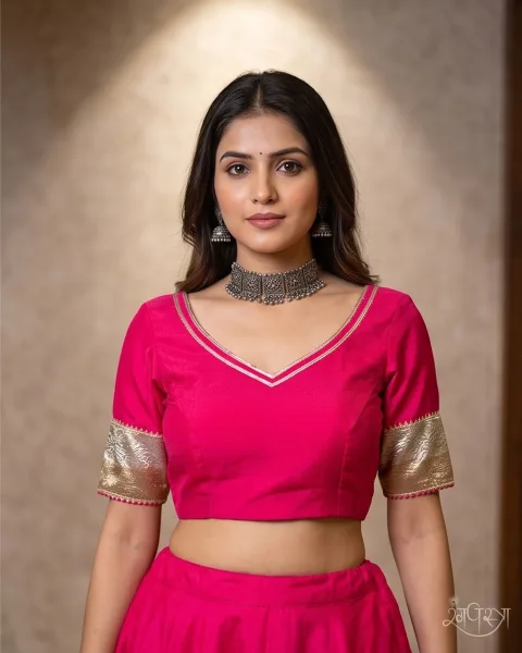 Rani Pink Deep V-Neck Open Back Blouse with Golden Brocade Sleeves & Tassels | Designer | Festive & Party Wear