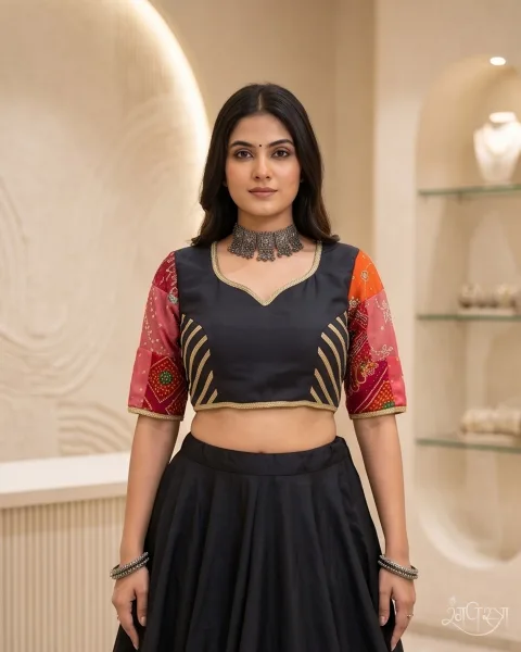 Deep Charcoal Grey Patchwork Sleeve Blouse with Keyhole Open Back & Gold Piping | Festive Wear | Navratri & Party