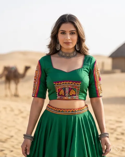 Deep Green Kutchi Hand Embroidered Blouse with Square Neck & Open Tie Back | Festive Wear | Navratri Party Blouse