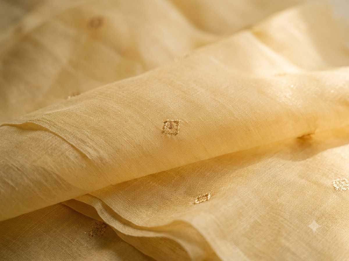 macro-close-up-ca23561a Macro close-up of pastel marigold yellow Chanderi silk-cotton fabric with fine gold zari bootis, catching soft natural sunlight.