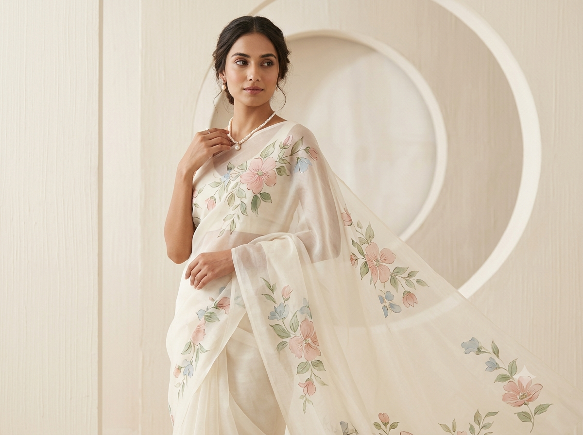 elegantly-styled-fashion-451d0b14 An elegantly styled South Asian model presenting a translucent ivory pure silk organza saree. The sheer fabric exhibits crisp, delicate folds as it drapes and is adorned with intricate, hand-painted pastel floral motifs in blush pink, sage green, and muted sky blue. Soft, romantic studio daylighting captures the subtle sheen of the textile against a minimalist, textured off-white backdrop featuring a soft, circular architectural element. The look is completed with subtle pearl jewelry and a serene pose.