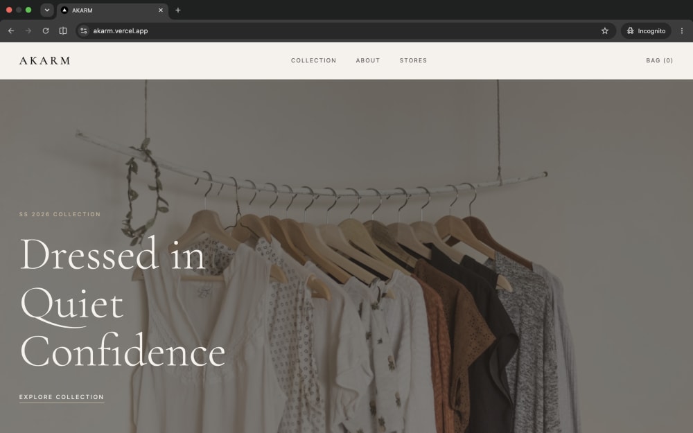 The AKARM fashion homepage and lookbook
