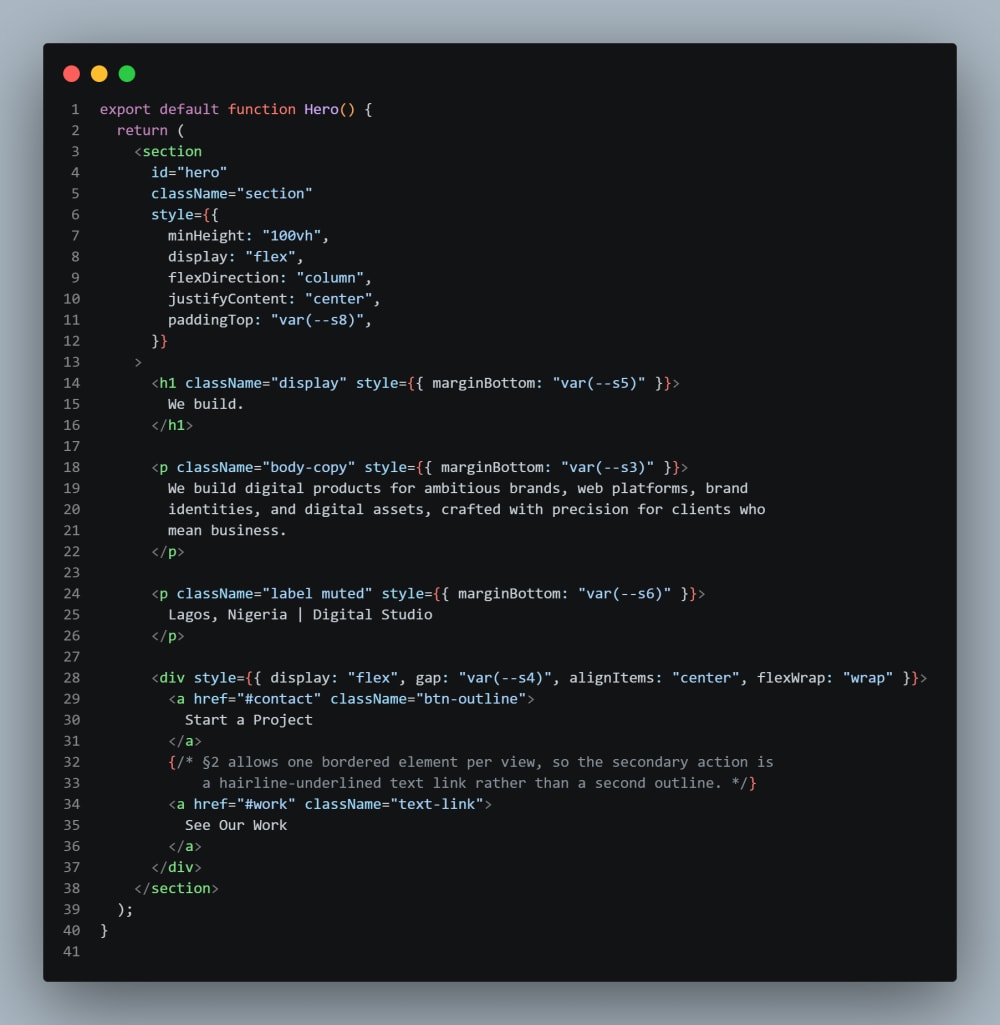 A syntax-highlighted screenshot of the React component that builds this site's hero section