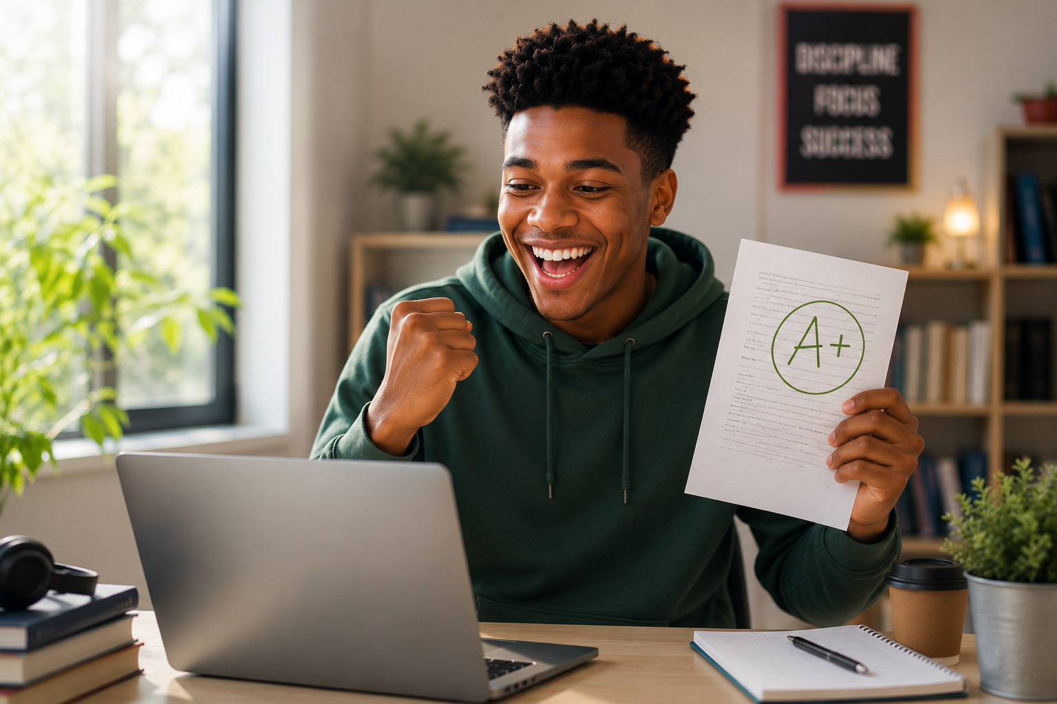 Student celebrating a passed exam after learning online