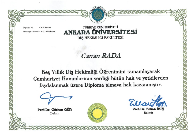 Certificate-Ankara University Dentarium Dr.Canan Rada