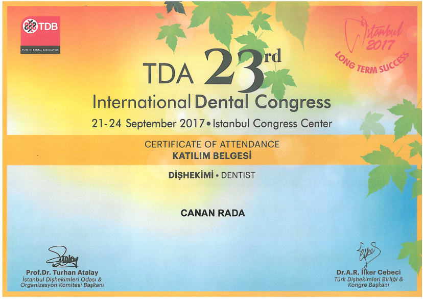 Certificate-International Dental Congress Dentarium Dr.Canan Rada
