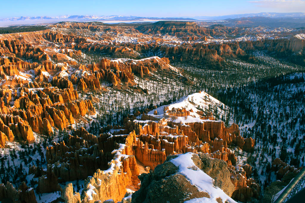 The hoodoos glowing a beautiful orange amidst the fresh morning sun