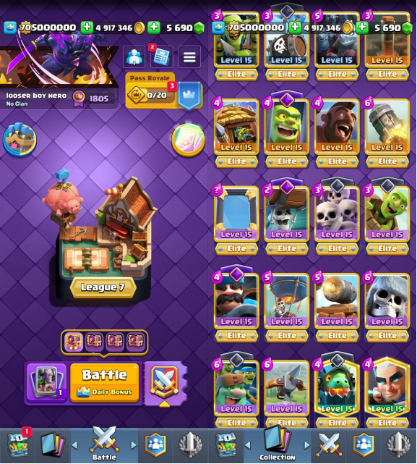 Clash Royale Account (IOS/ANDROID) – Level 70 | Kings Tower 15 | Trophy 15K+ | EVO Card 25 | Total Max Card 121 | Emote 251 | Banner Collected 397 | Tower Skin 47 | Gems 5690+ |