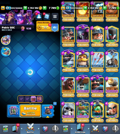 Clash Royale Account (IOS/ANDROID) – Level 15 | KT 15 | Max Card 85 | Trophy 10K+ | Gems 7740+ | Emote 273 | Banner Collected 300 | Tower Skin 40 |