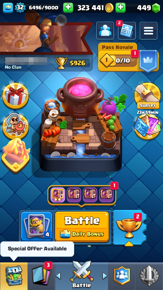 Clash Royale Account (IOS/ANDROID) – Level 32 | KT 11 | Trophies 5923 | Champion Cards 2 | EVO 4 | Gems 449 |