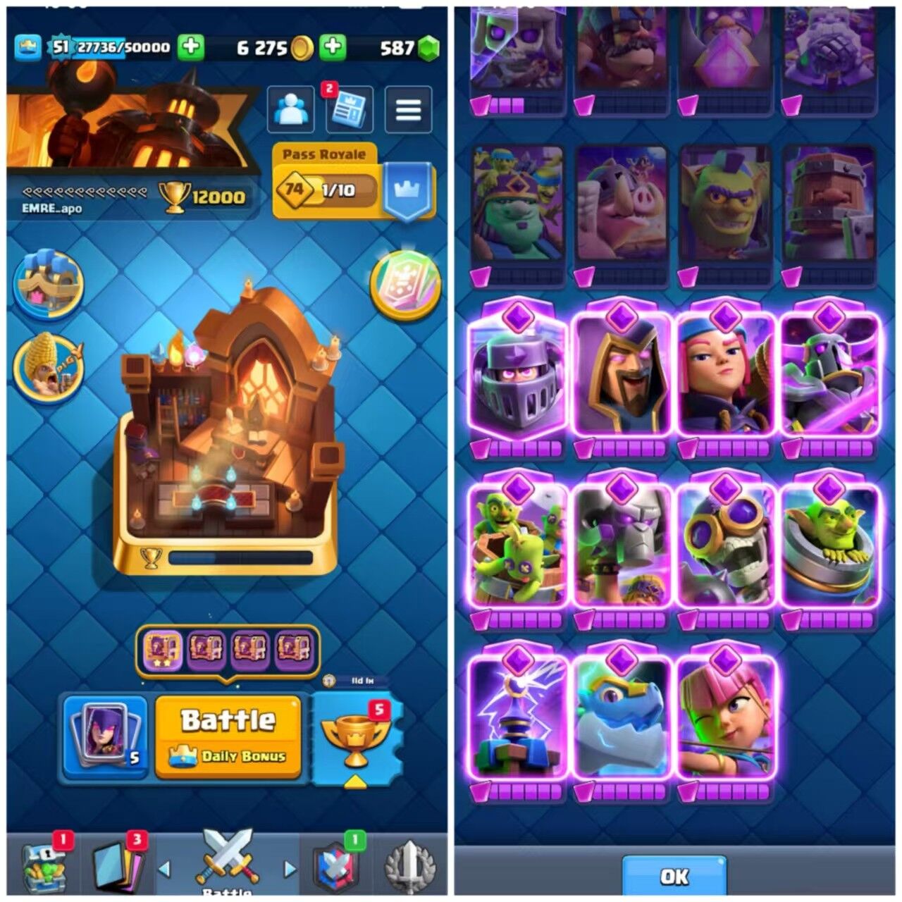 Clash Royale Account (IOS/ANDROID) – Level 51 | KT 14 | Trophies 12000 | Unlocked Cards 120 | Elite Cards 5 | Evolution Cards 11 | Emotes 60 | Coins 6k+ | Gems 587 |