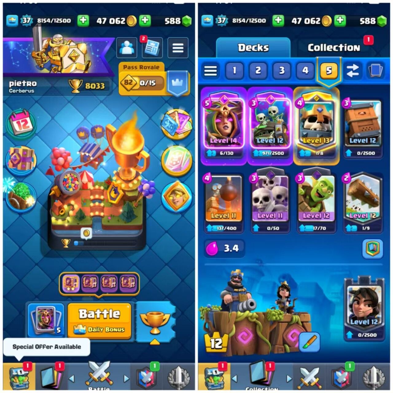 Clash Royale Account (IOS/ANDROID) – Level 37 | KT 12 | Trophies 8033 | Unlocked Cards 120 | Hero Card 1 | Evolution Cards 4 | Emotes 25 | Coins 47k+ | Gems 588 |