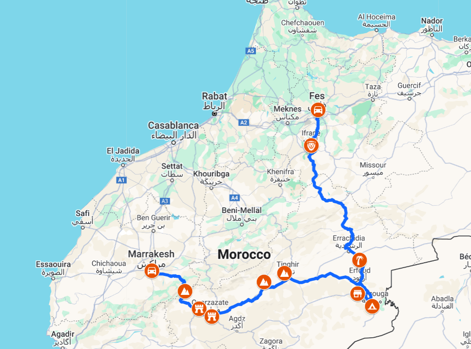 4 Days Tour from Marrakech to Fes Route Map