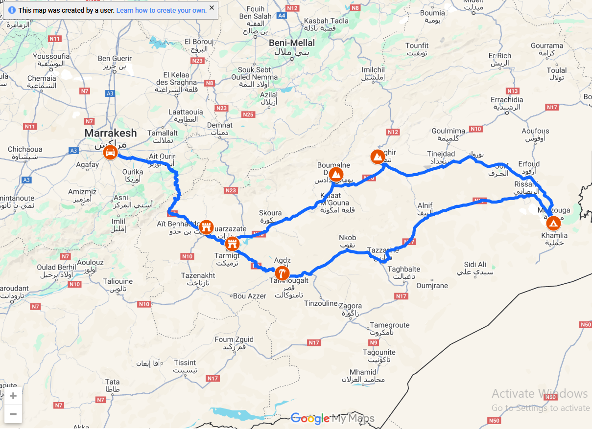 4 Days Tour from Marrakech to Merzouga Route Map