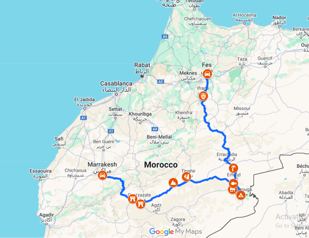 Best 3 Days Tour from Fes to Marrakech Route Map
