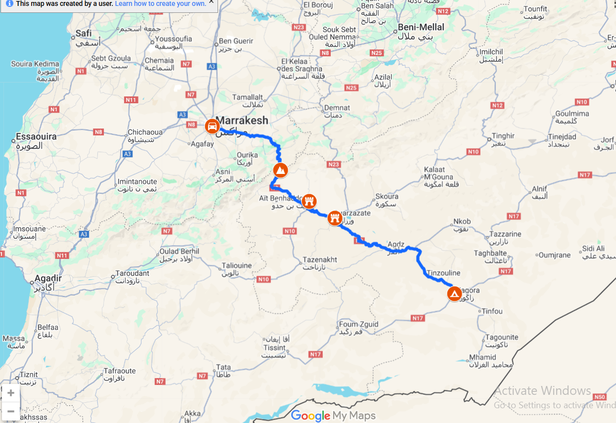 2-Day Marrakech to Zagora Desert Tour Route Map