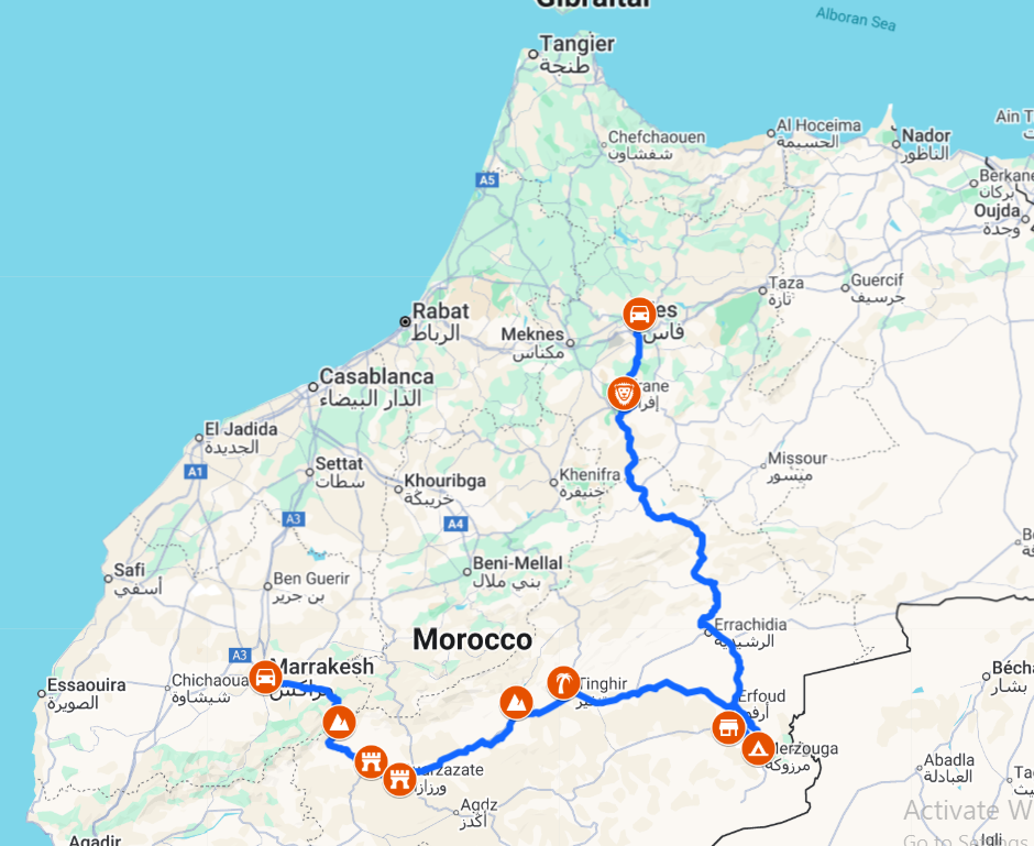 3-Day Marrakech to Fes Desert Tour Route Map