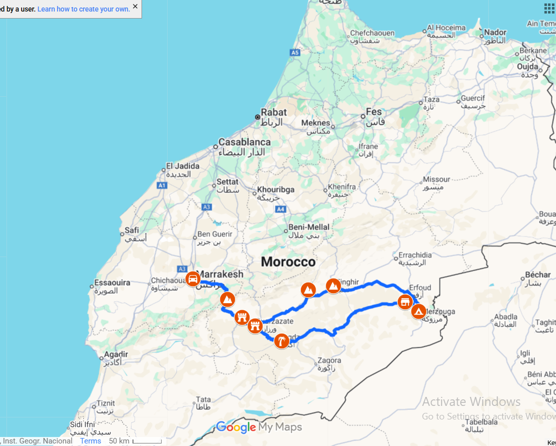 3-Day Desert Tour from Marrakech to Merzouga Route Map