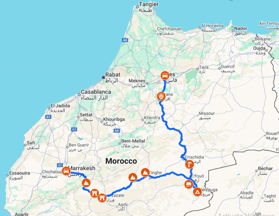 4-Day Desert Tour from Marrakech to Fes Route Map