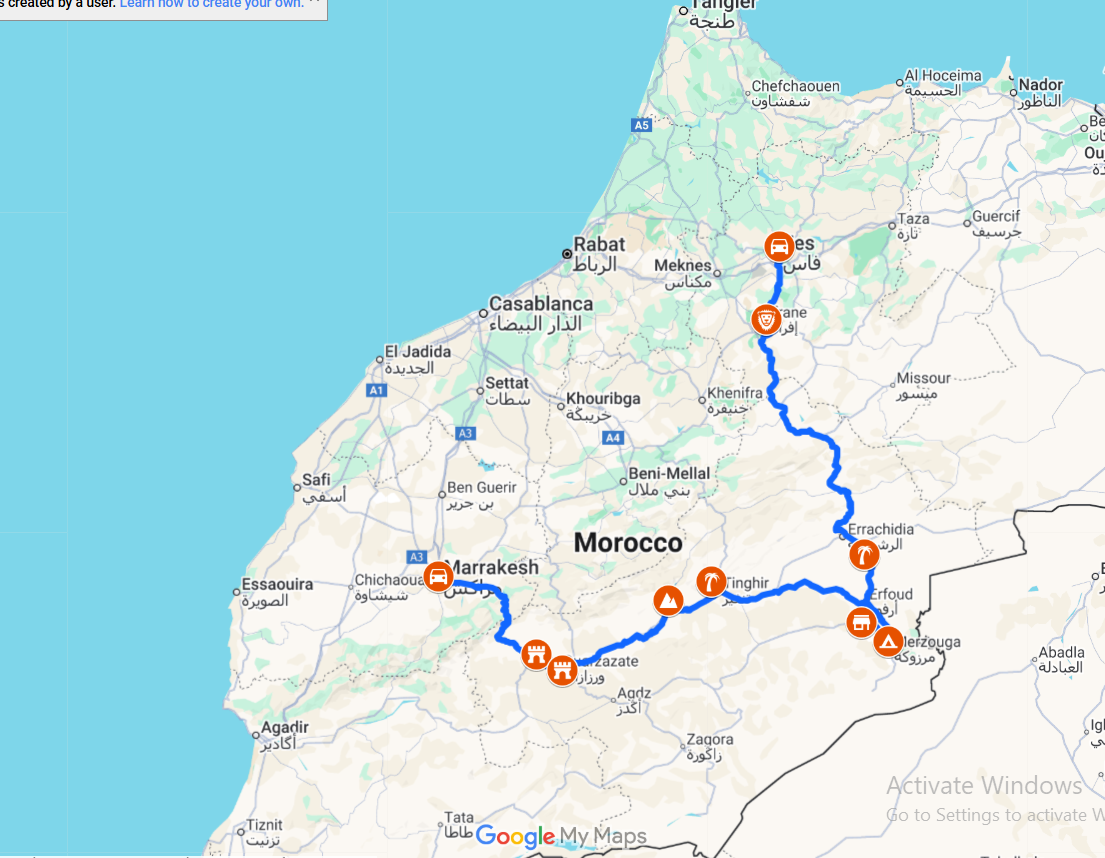 5-Day Desert Tour from Marrakech to Fes Route Map
