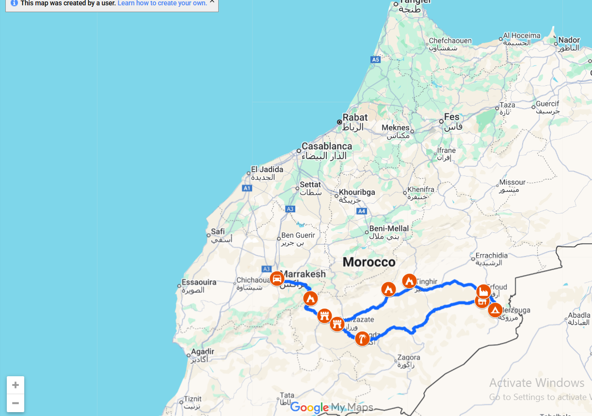 5 Days Tour from Marrakech to Merzouga Route Map