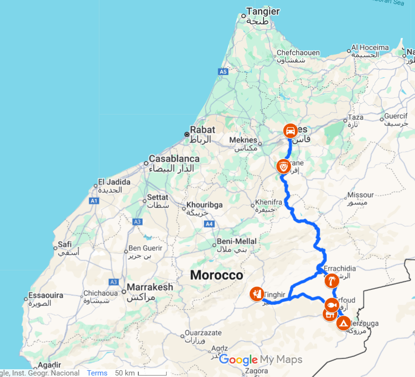 3 Days Fes to Marrakech Desert Tour Route Map