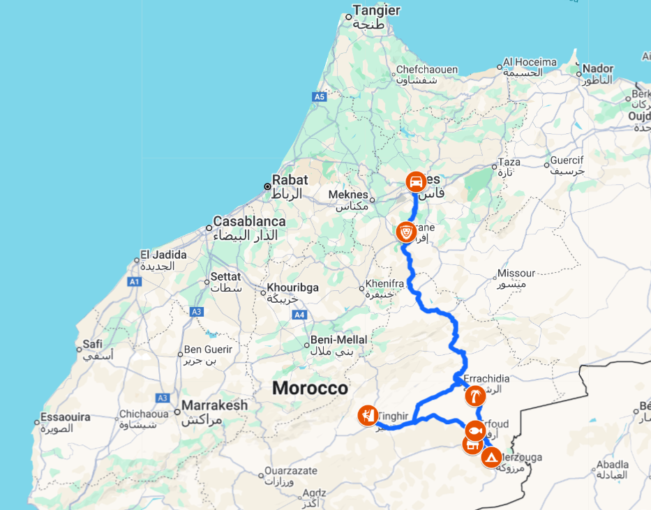 4 Days Morocco Desert Tour from Fes to Merzouga Route Map