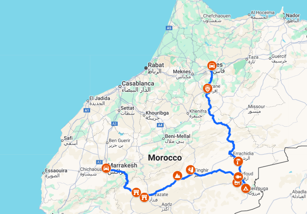 8 Days Morocco Tour from Fes to Marrakech Route Map