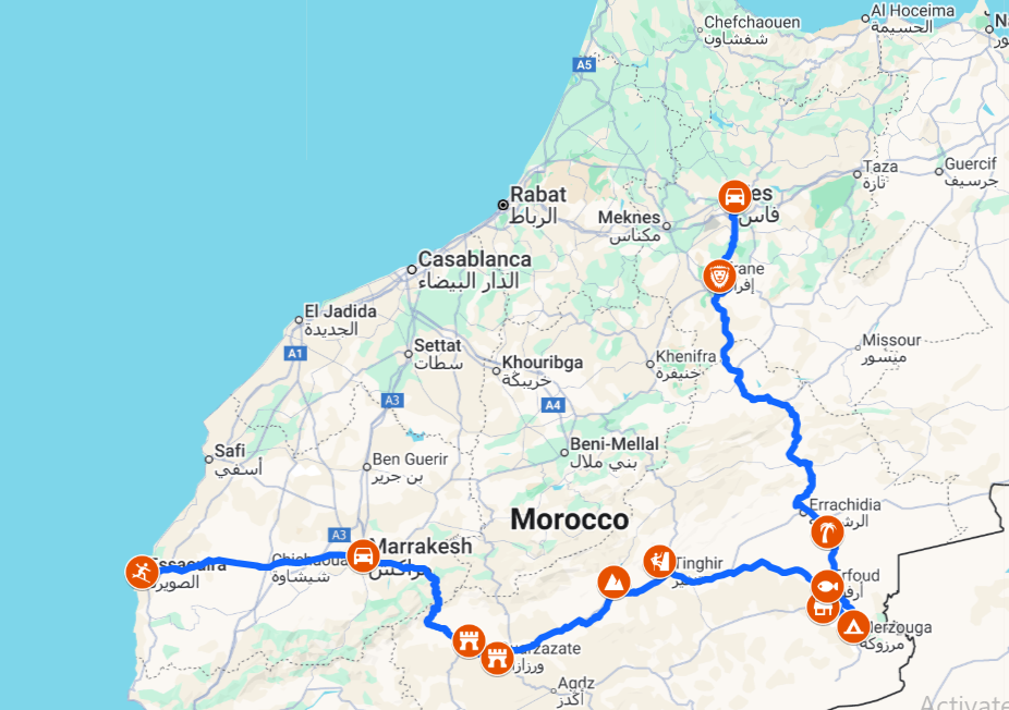 10 Days Morocco Tour from Fes to Marrakech Route Map