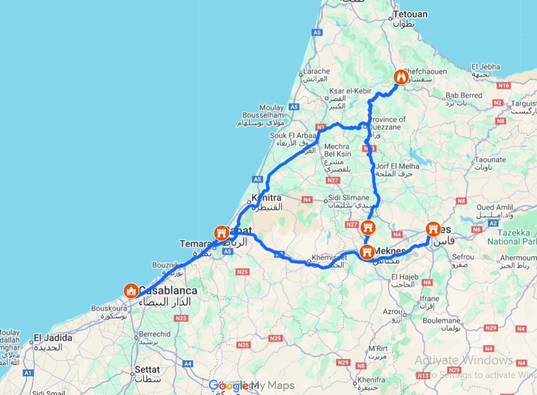 Casablanca to Chefchaouen 4 Days Tour Route Map